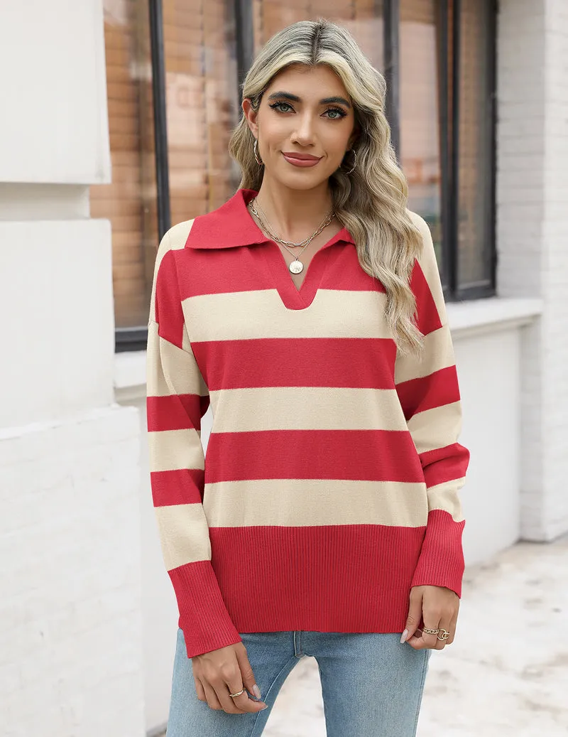 Zeagoo Women's Fall Striped Sweater V Neck Oversized Knitted Tops