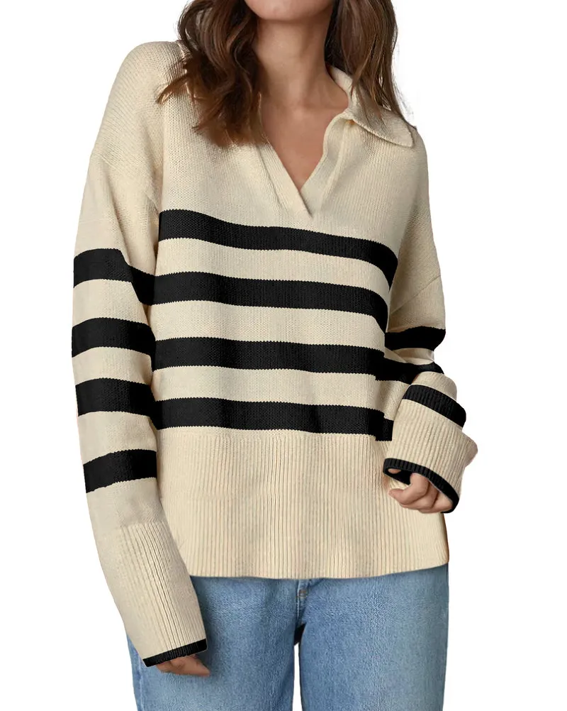 Zeagoo Women's Fall Striped Sweater V Neck Oversized Knitted Tops