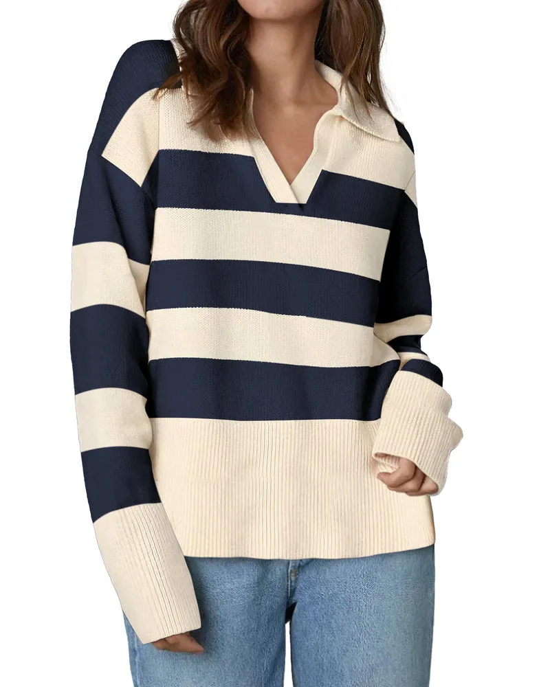 Zeagoo Women's Fall Striped Sweater V Neck Oversized Knitted Tops