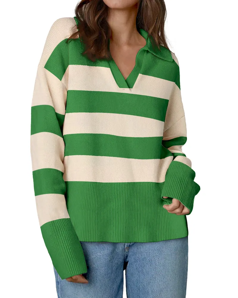 Zeagoo Women's Fall Striped Sweater V Neck Oversized Knitted Tops