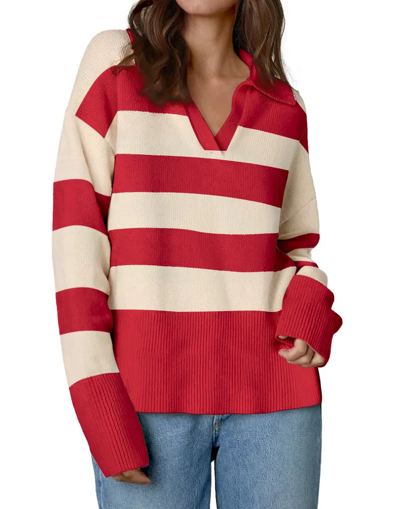 Zeagoo Women's Fall Striped Sweater V Neck Oversized Knitted Tops