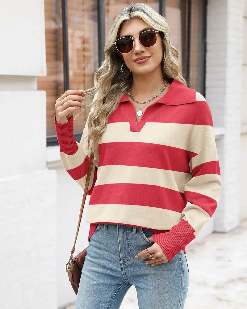 Zeagoo Women's Fall Striped Sweater V Neck Oversized Knitted Tops