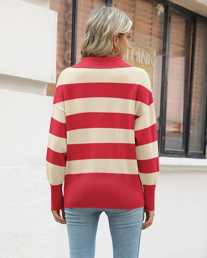 Zeagoo Women's Fall Striped Sweater V Neck Oversized Knitted Tops