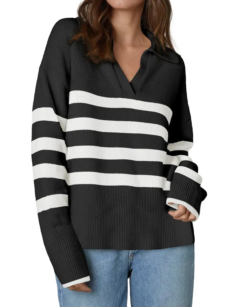 Zeagoo Women's Fall Striped Sweater V Neck Oversized Knitted Tops